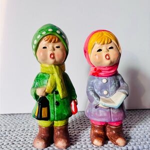 Vintage Kids Choir Figurine Pair - Green & Pink Accents